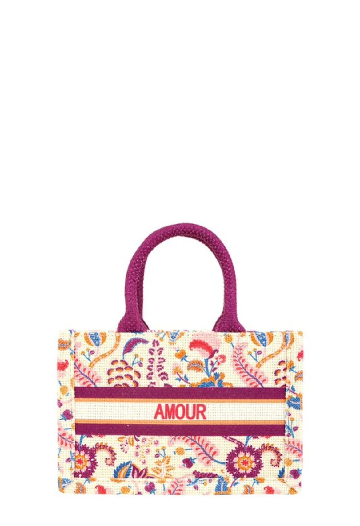 Floral embroidered tote bag with purple handles and AMOUR text on front, women's accessory