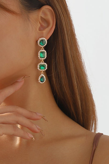 4 Tiers Long Tassel Crystal Drop Earrings - Emerald