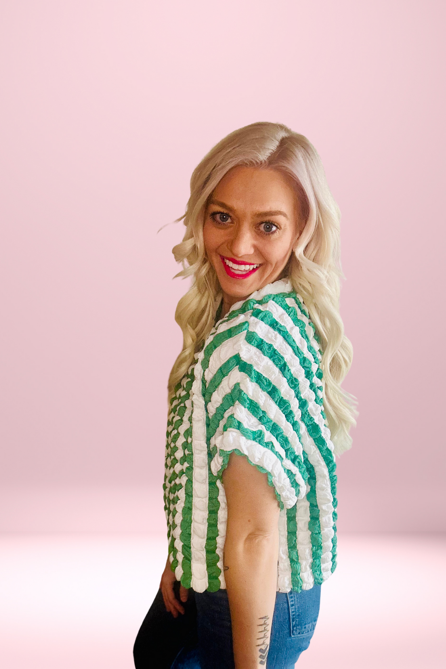 Puff Quilt Stripe Top - Kelly Green