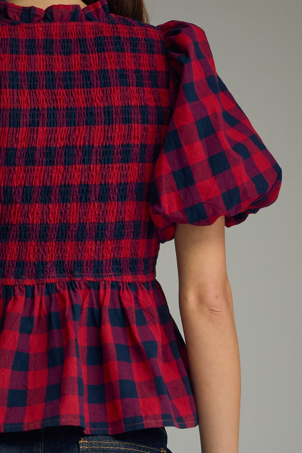 The Hadley Plaid Smocked Peplum Top