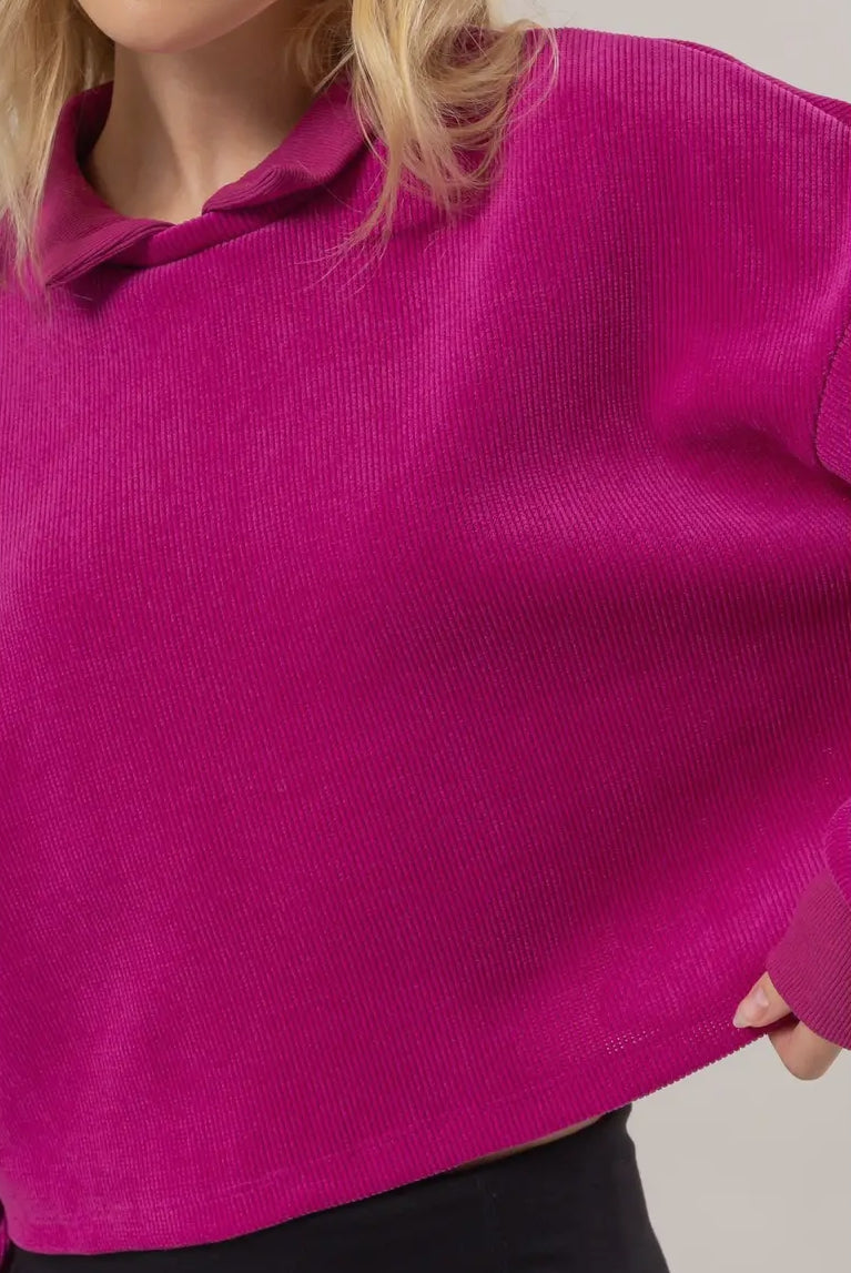 Collared Rib Knit Crop Sweater: Raspberry