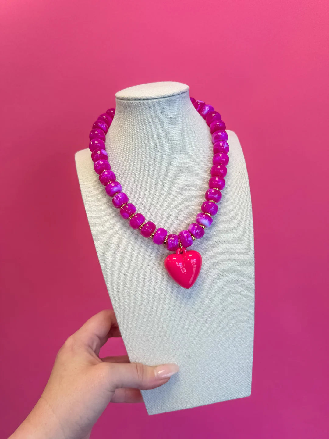 Fuschia Statement Beaded Heart Necklace
