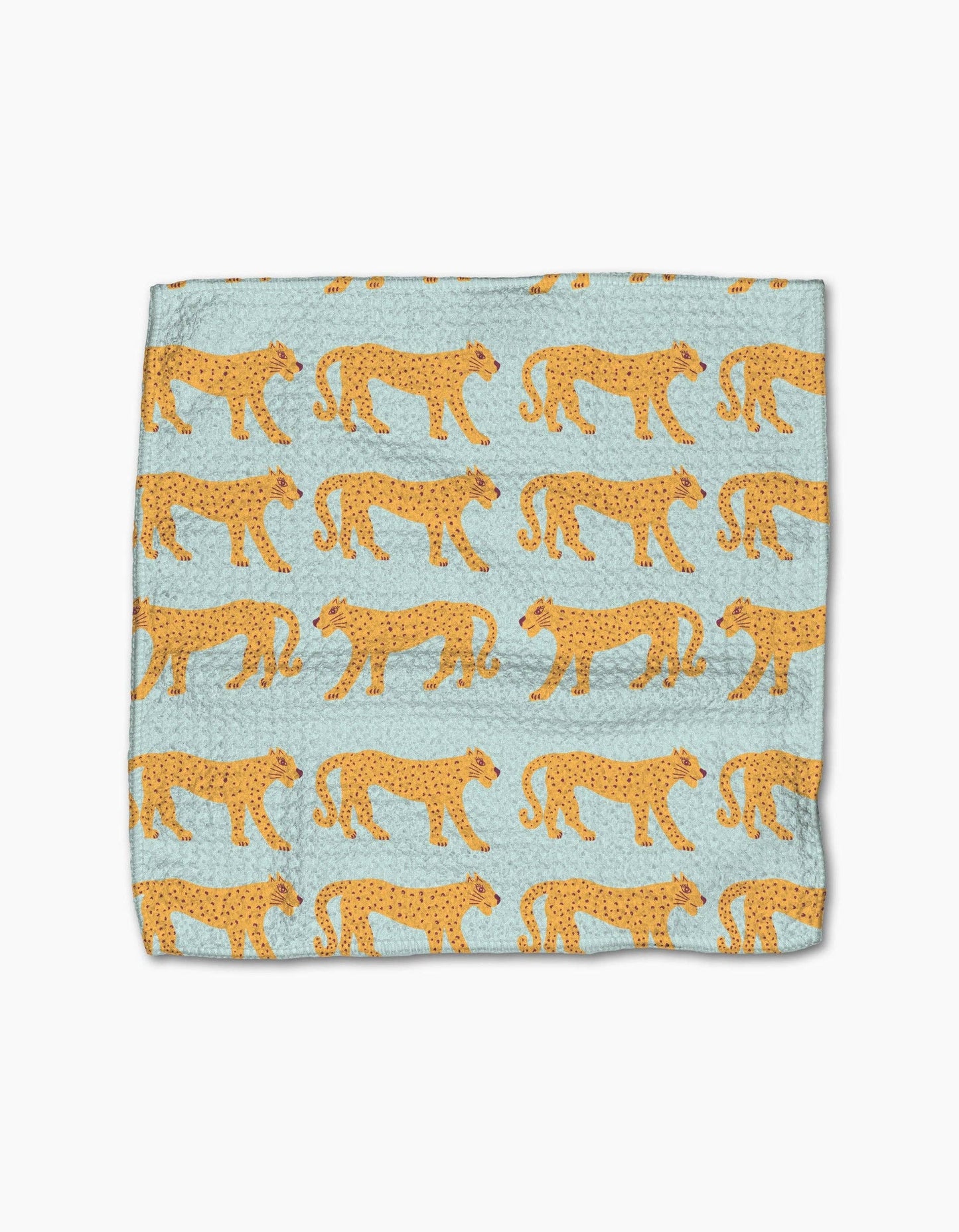 Light blue throw blanket with repeating yellow cheetah print pattern, cozy home accessory.