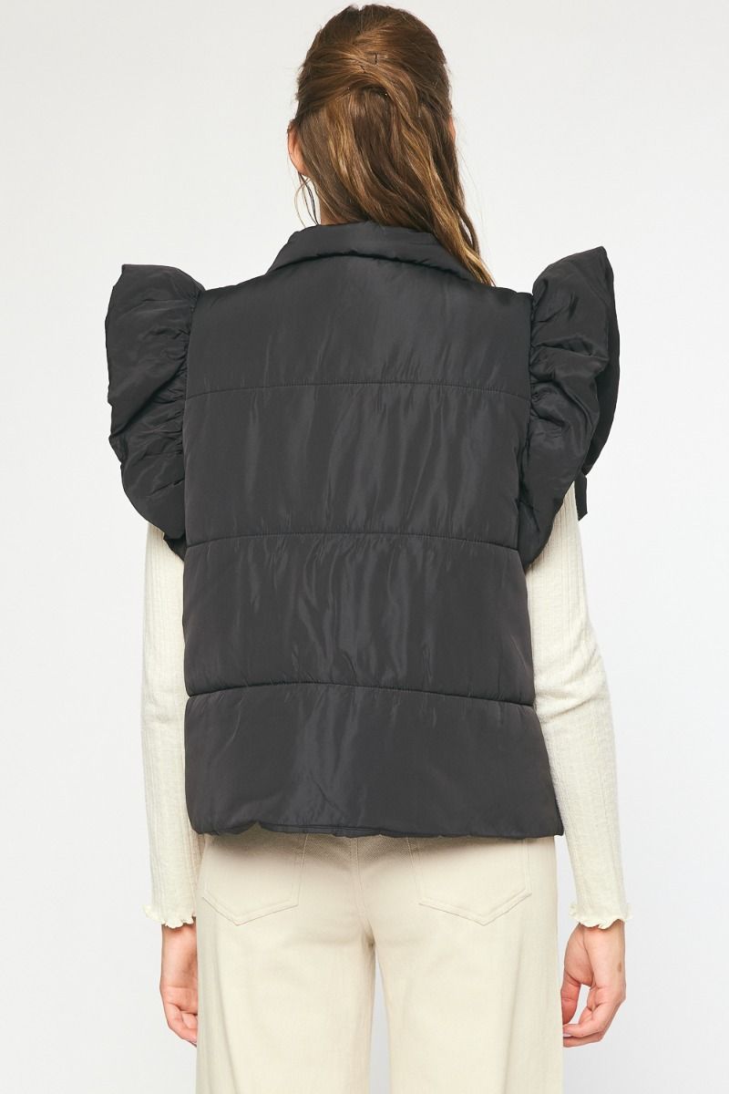 The Ruffle Edge Puffer Vest
-Black