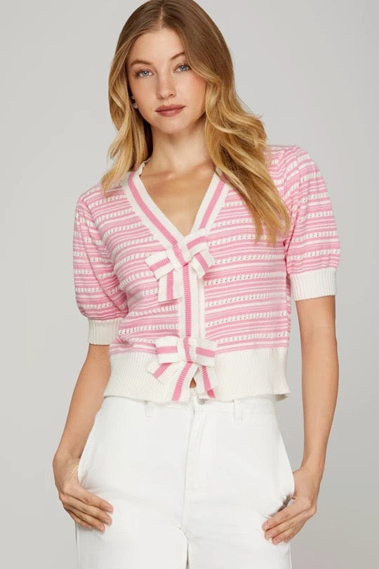 Pink Puff Sleeve Bow Front Crop Cardigan