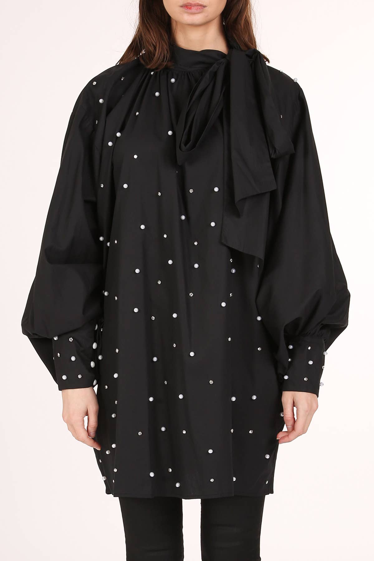 Pearl Embellished Neck Bowtie Balloon Oversize Dress