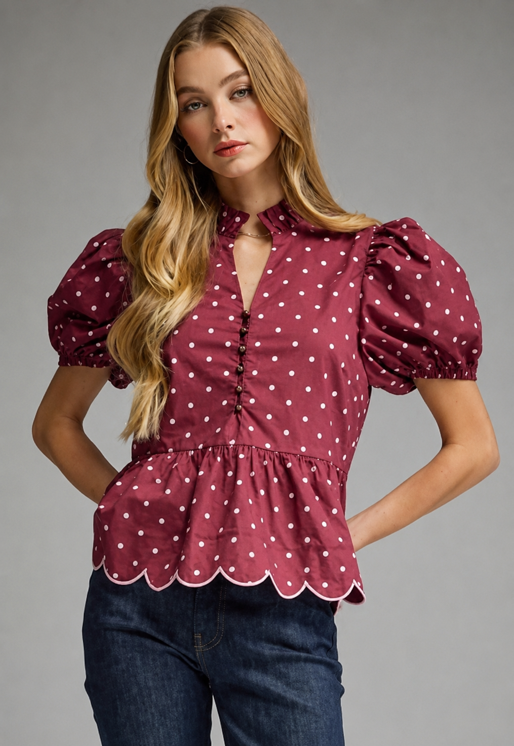 Burgundy Belle Scalloped Peplum Top