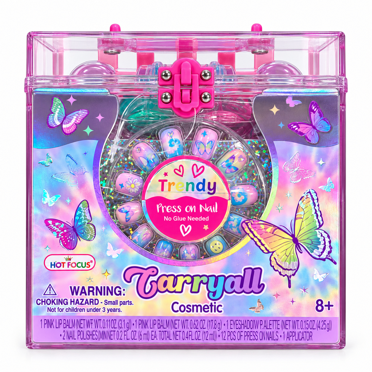 Trendy Tarryall Press on Nail kit in a clear plastic case with pink and holographic packaging, containing multiple colorful press-on nails and accessories.