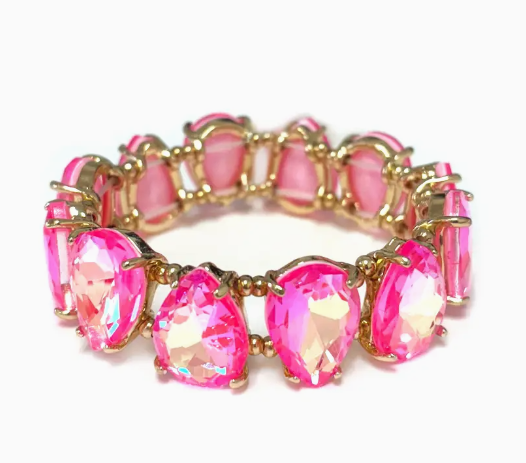 Gold stretch bracelet with large pink teardrop gemstones, elegant women's jewelry