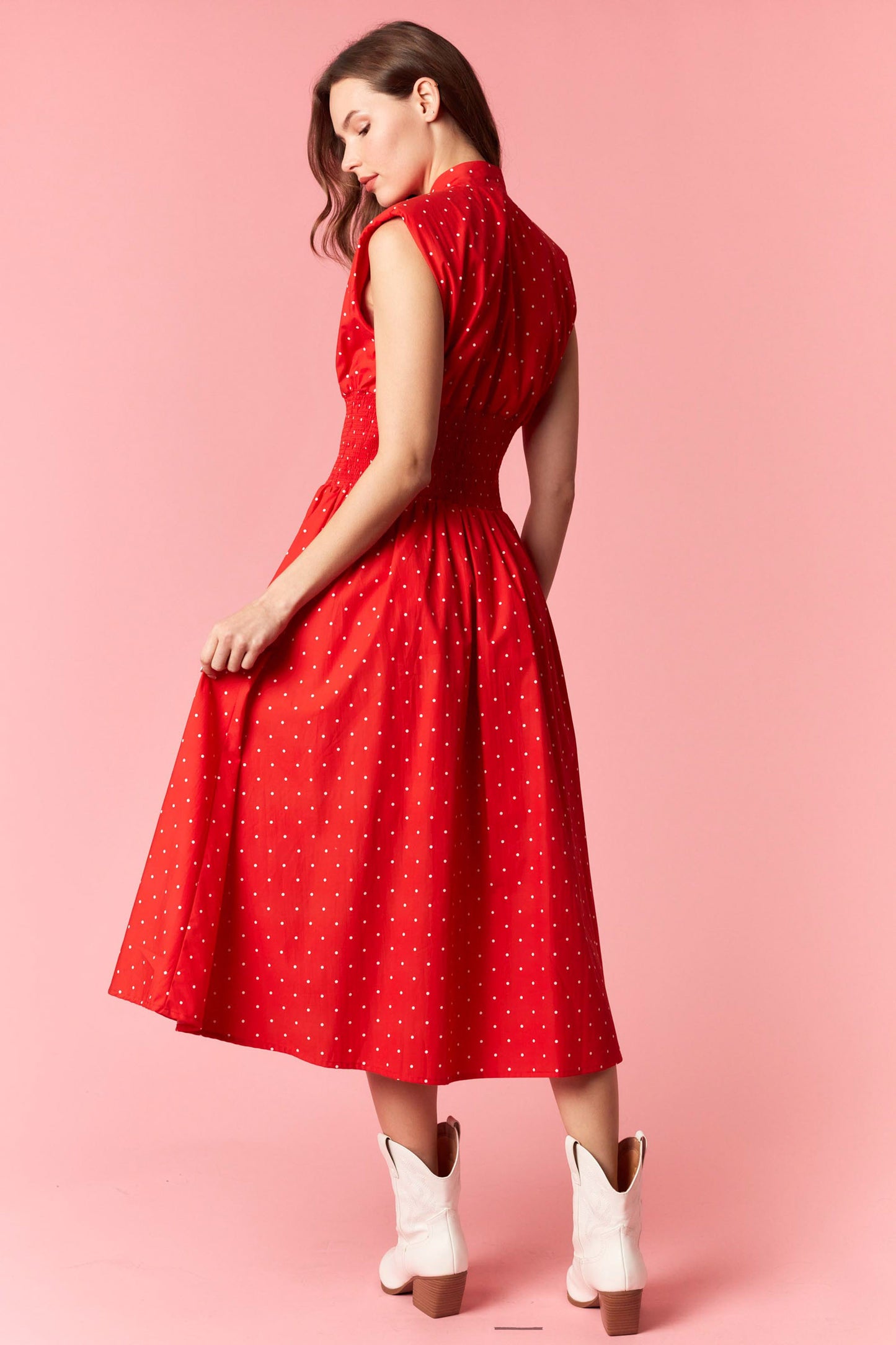 Red Polka Dot Smocked Waist Midi Front Zip Dress