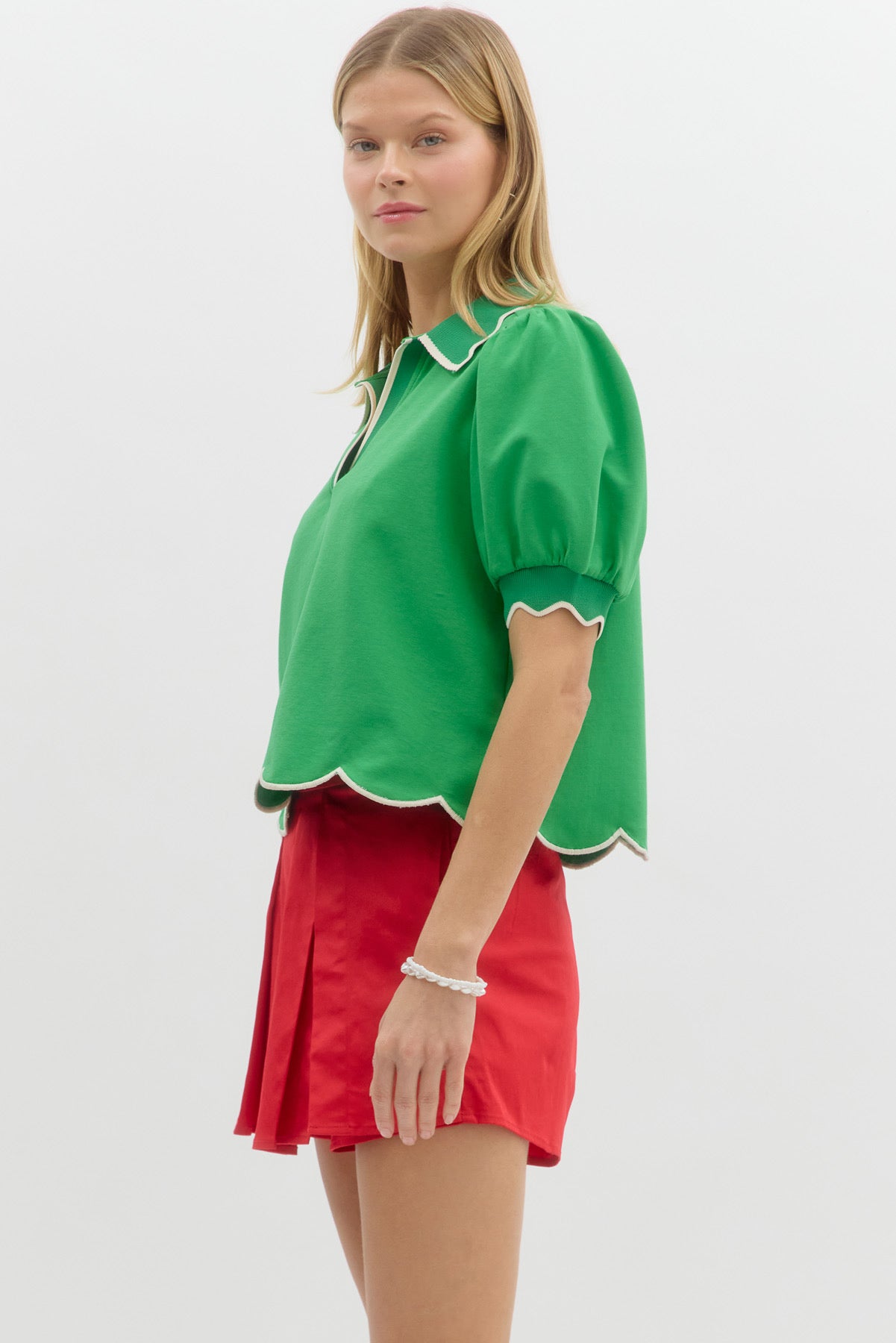 Green Collar Scallop Puff Sleeve Polo Top