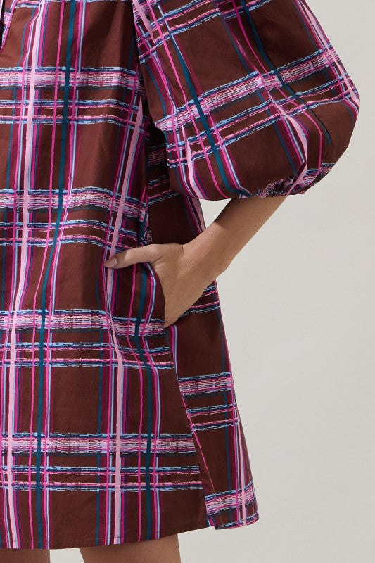 Victoria Shift Split Neck Mini Dress Plaid