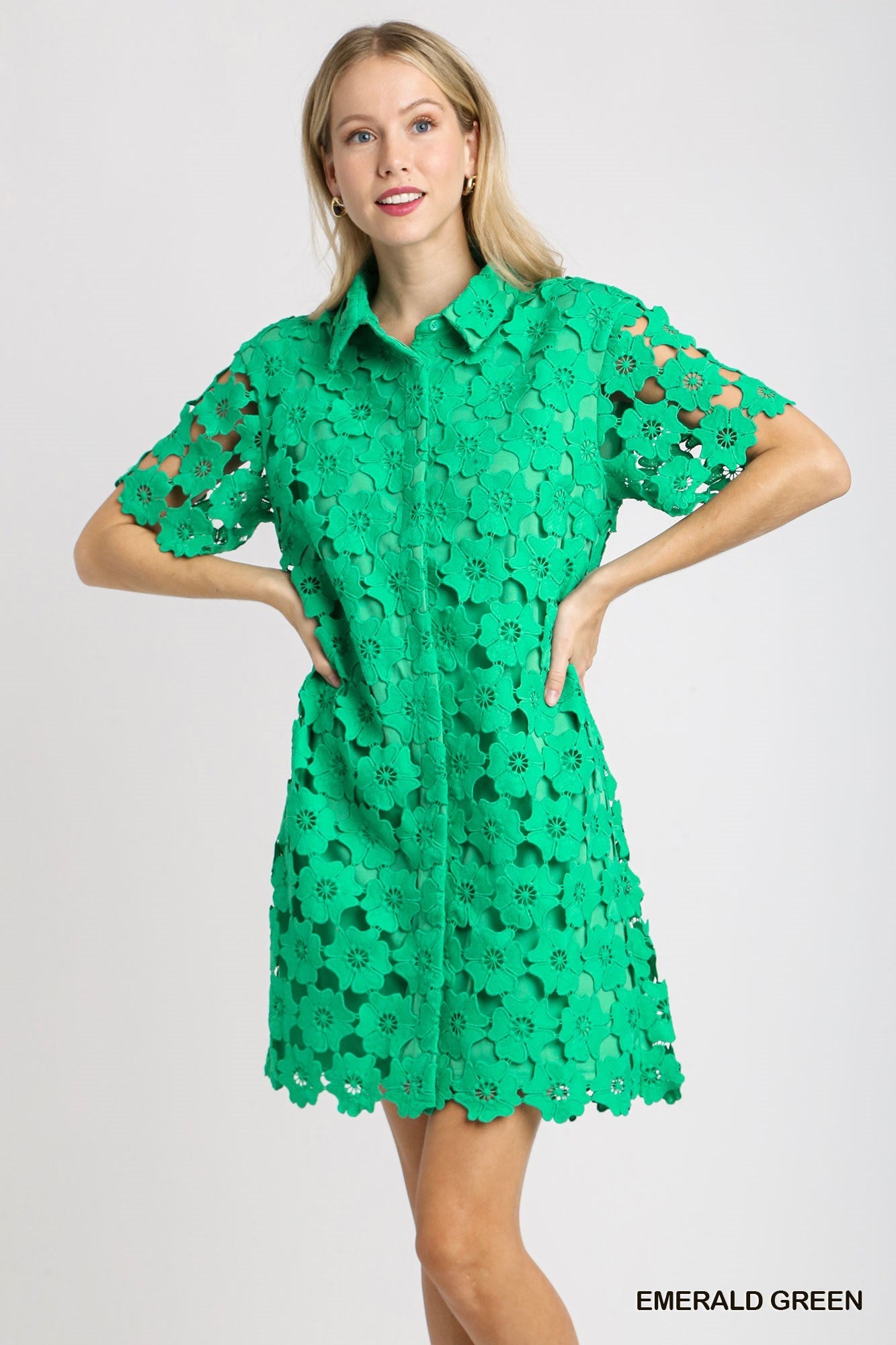 Emerald Green Eyelet Shift Dress 3D Floral Print Button Down Shift Dress