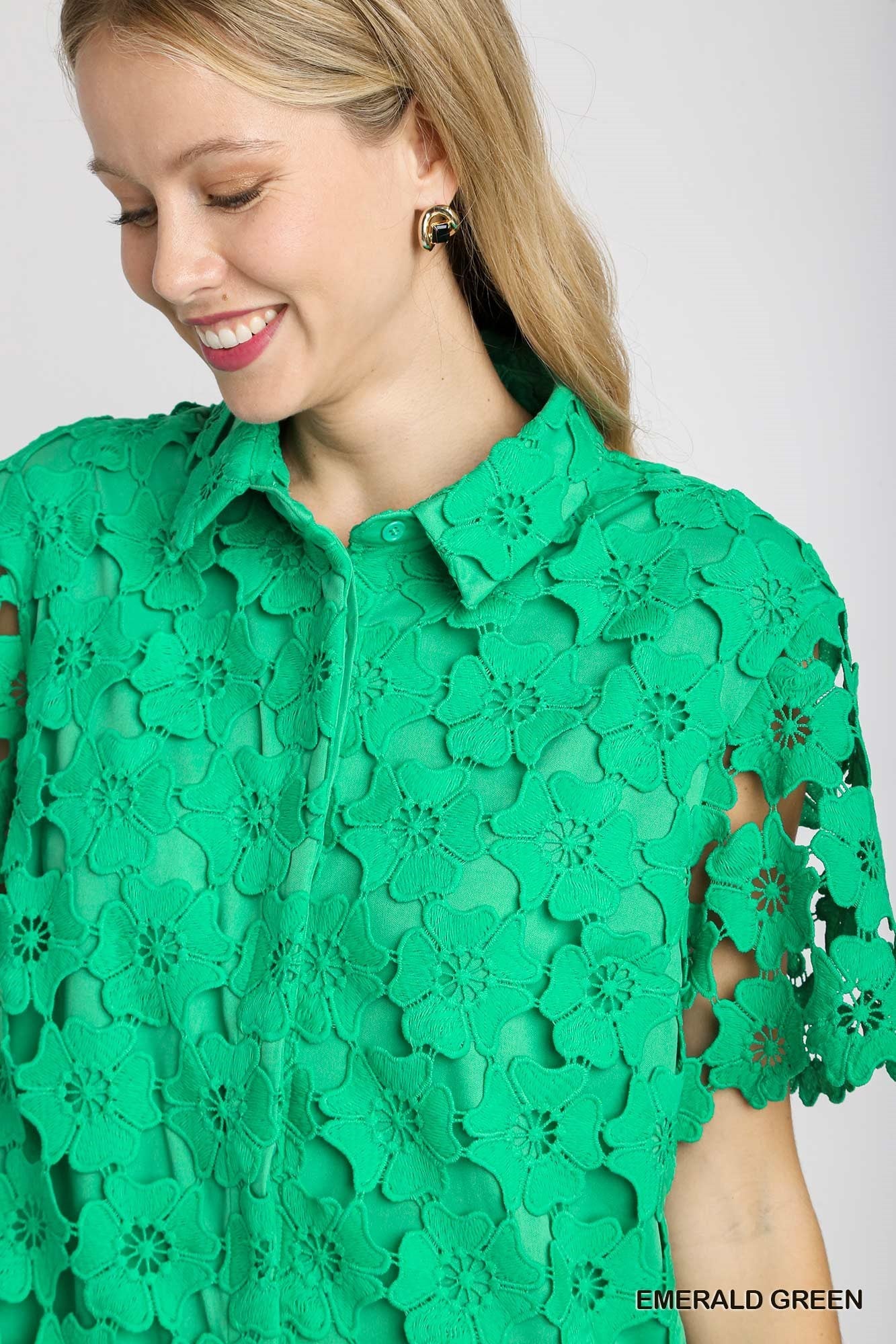 Emerald Green Eyelet Shift Dress 3D Floral Print Button Down Shift Dress