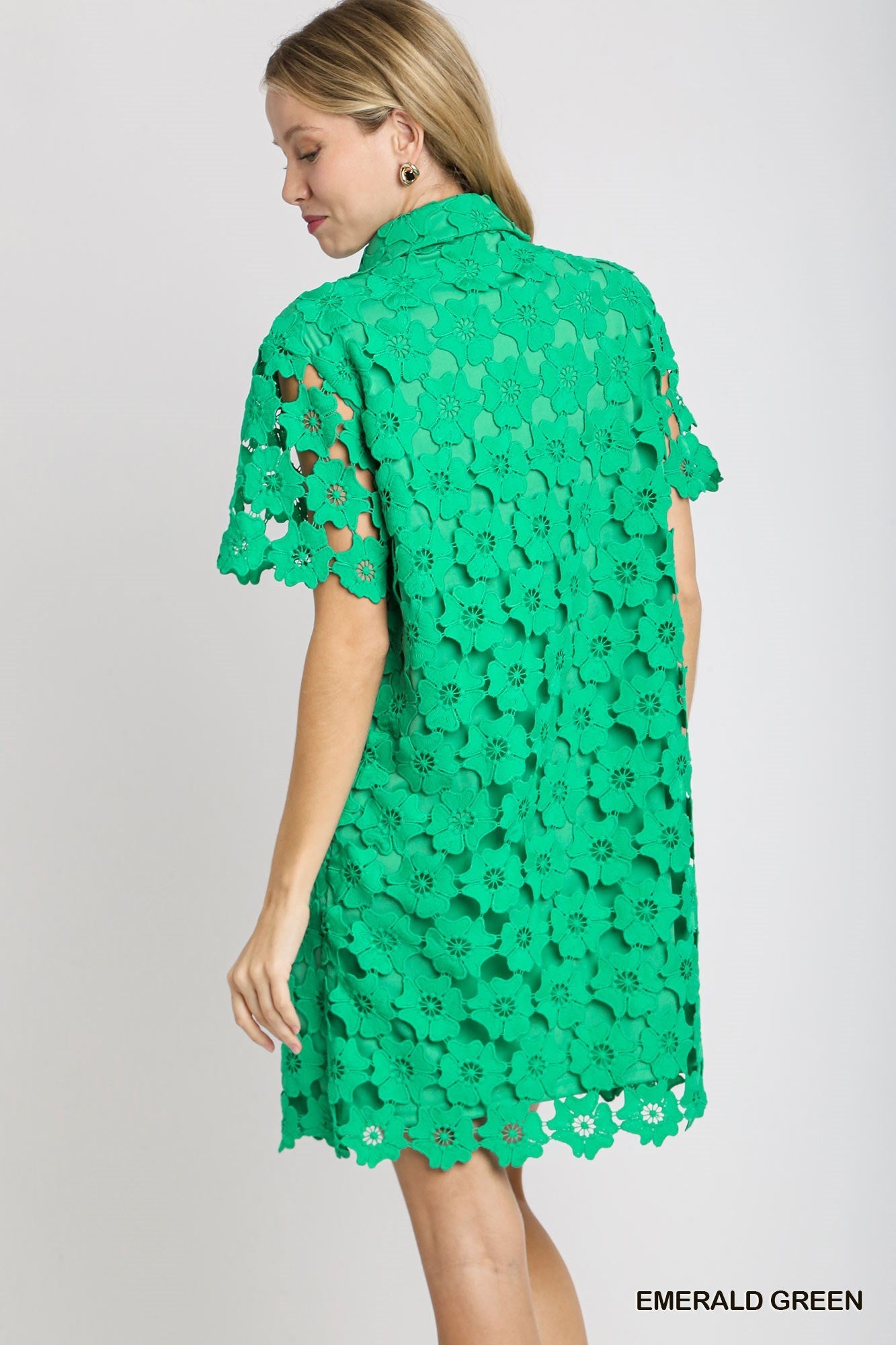 Emerald Green Eyelet Shift Dress 3D Floral Print Button Down Shift Dress