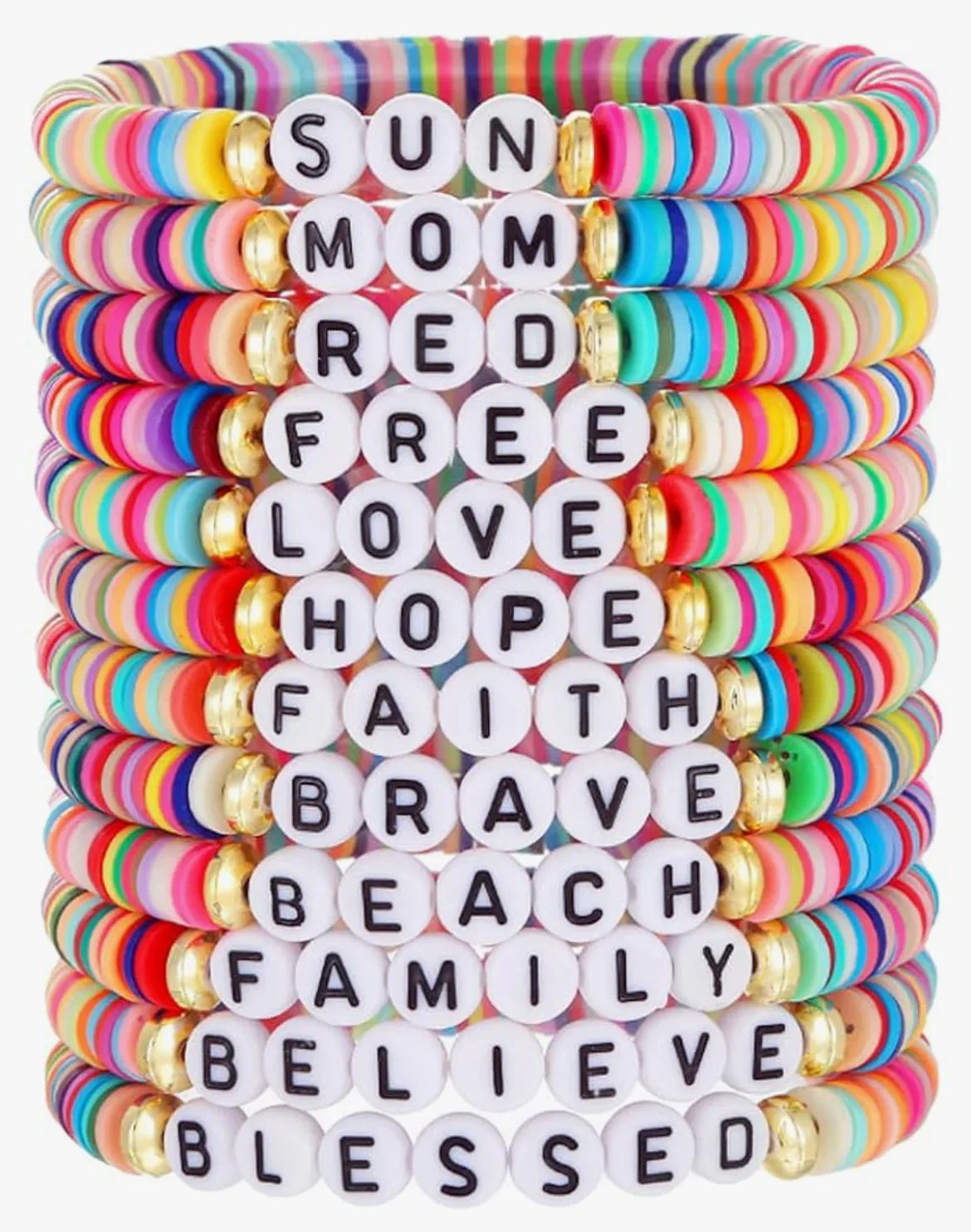 Stacked colorful beaded bracelets with positive word charms, women's jewelry accessory
