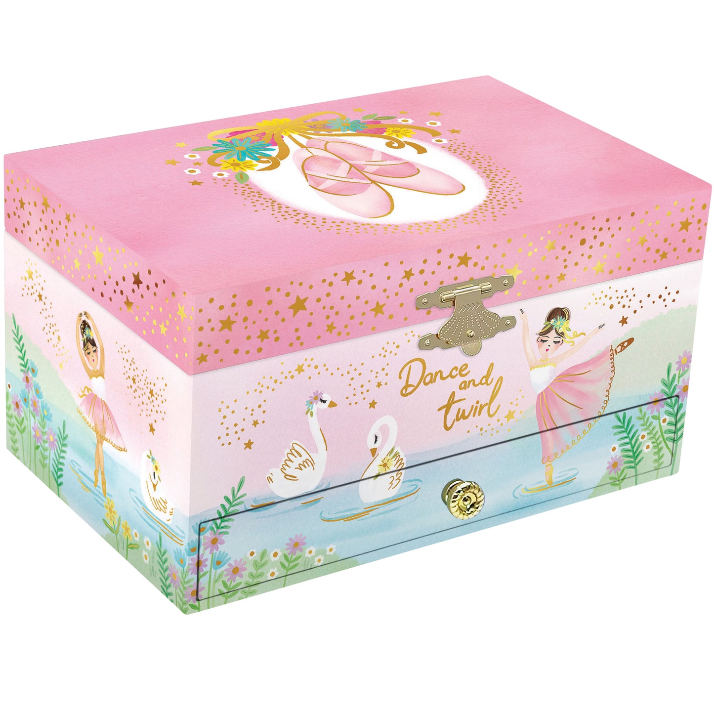 Pink ballerina jewelry box with dance and swan illustrations, gold accents, and floral trim