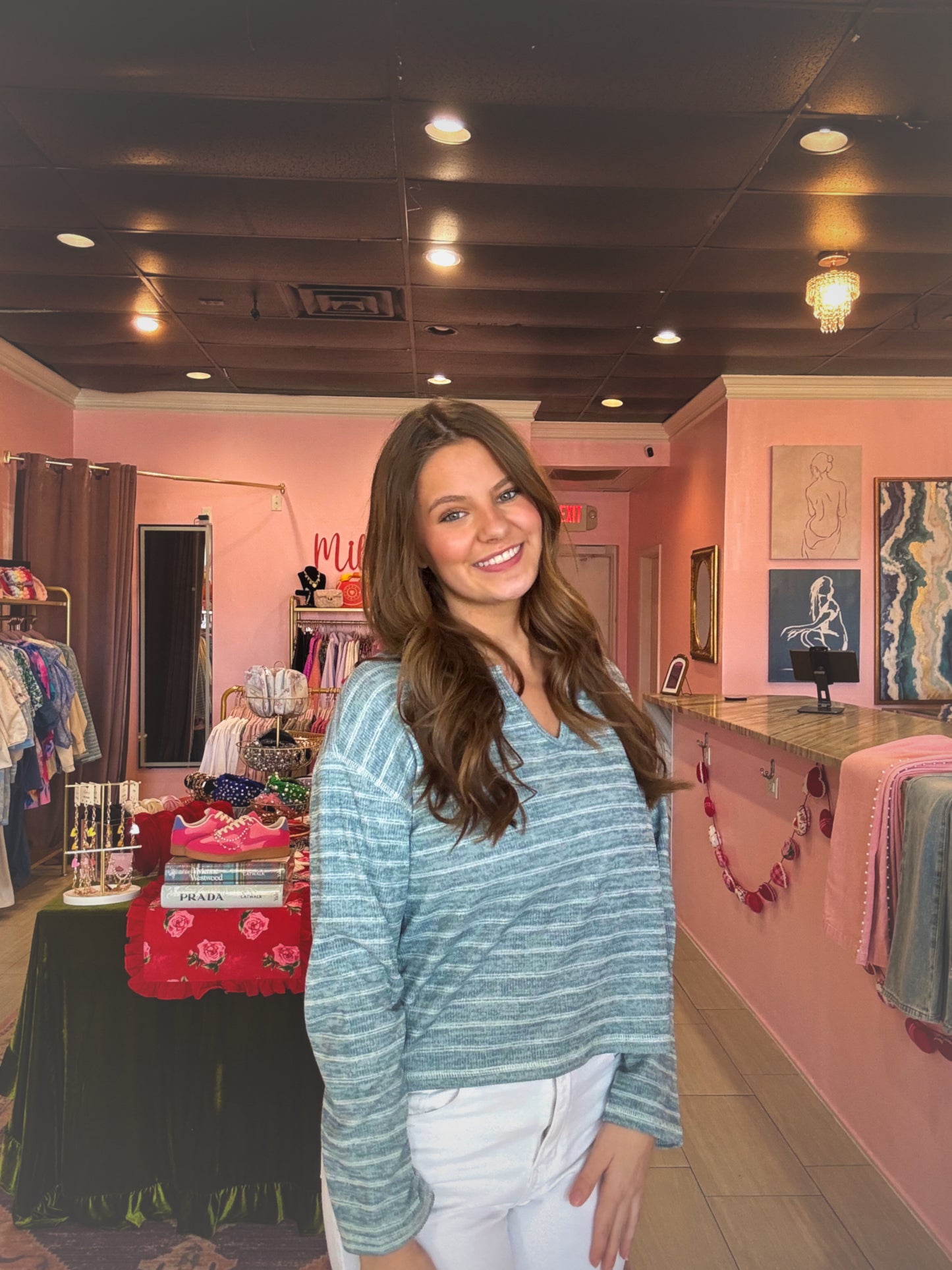 Dusty Teal Striped Knit Top