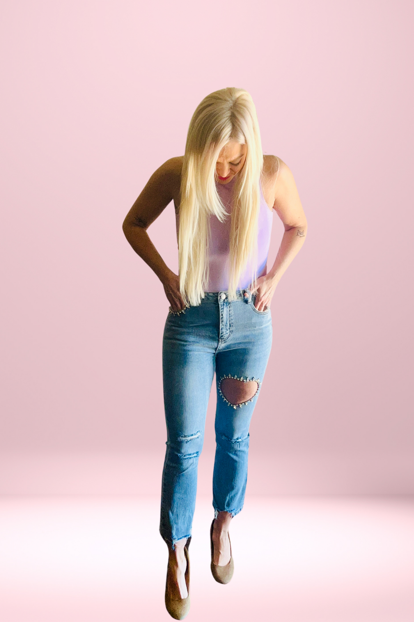 Rhinestone Heart Cutout Jeans