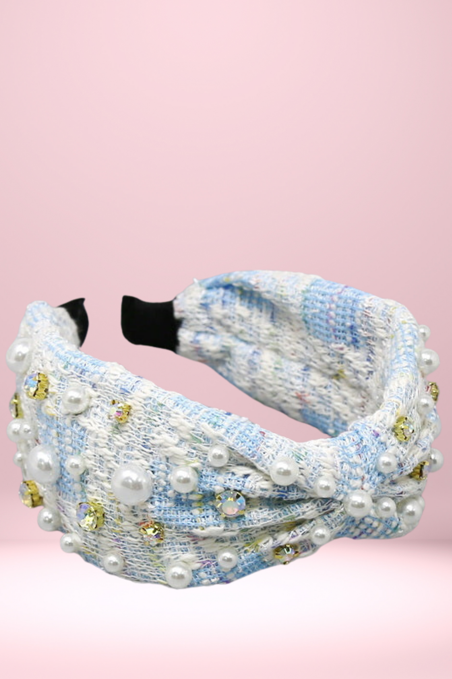 Blue Tweed Rhinestone & Pearl Headband