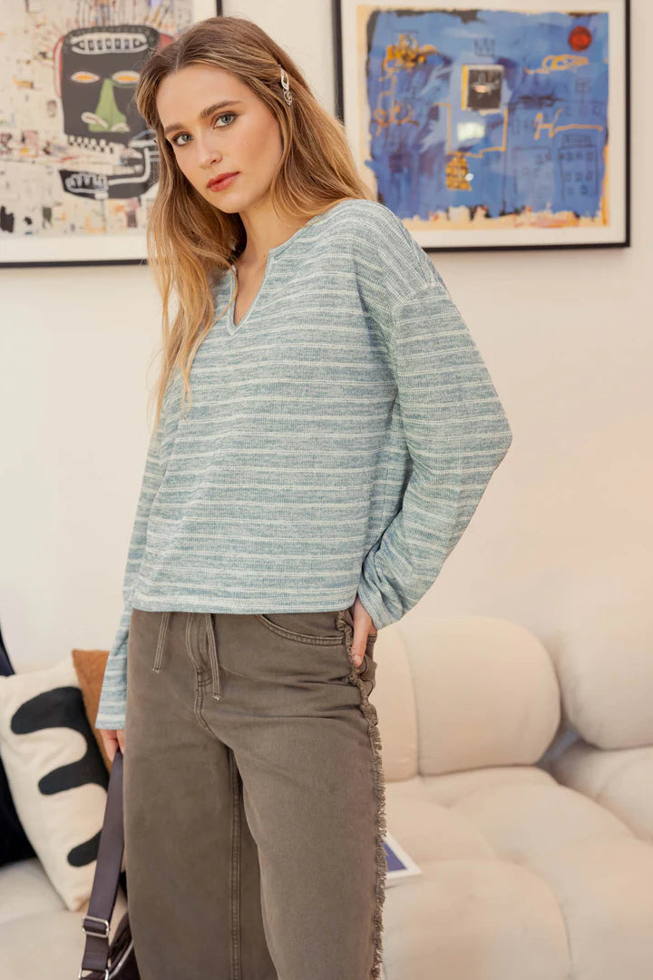 Dusty Teal Striped Knit Top