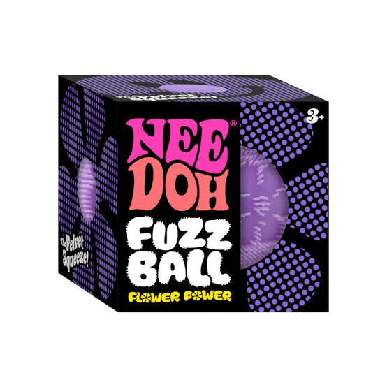 Box of Nee Doh Fuzz Ball with purple design and text on a white background