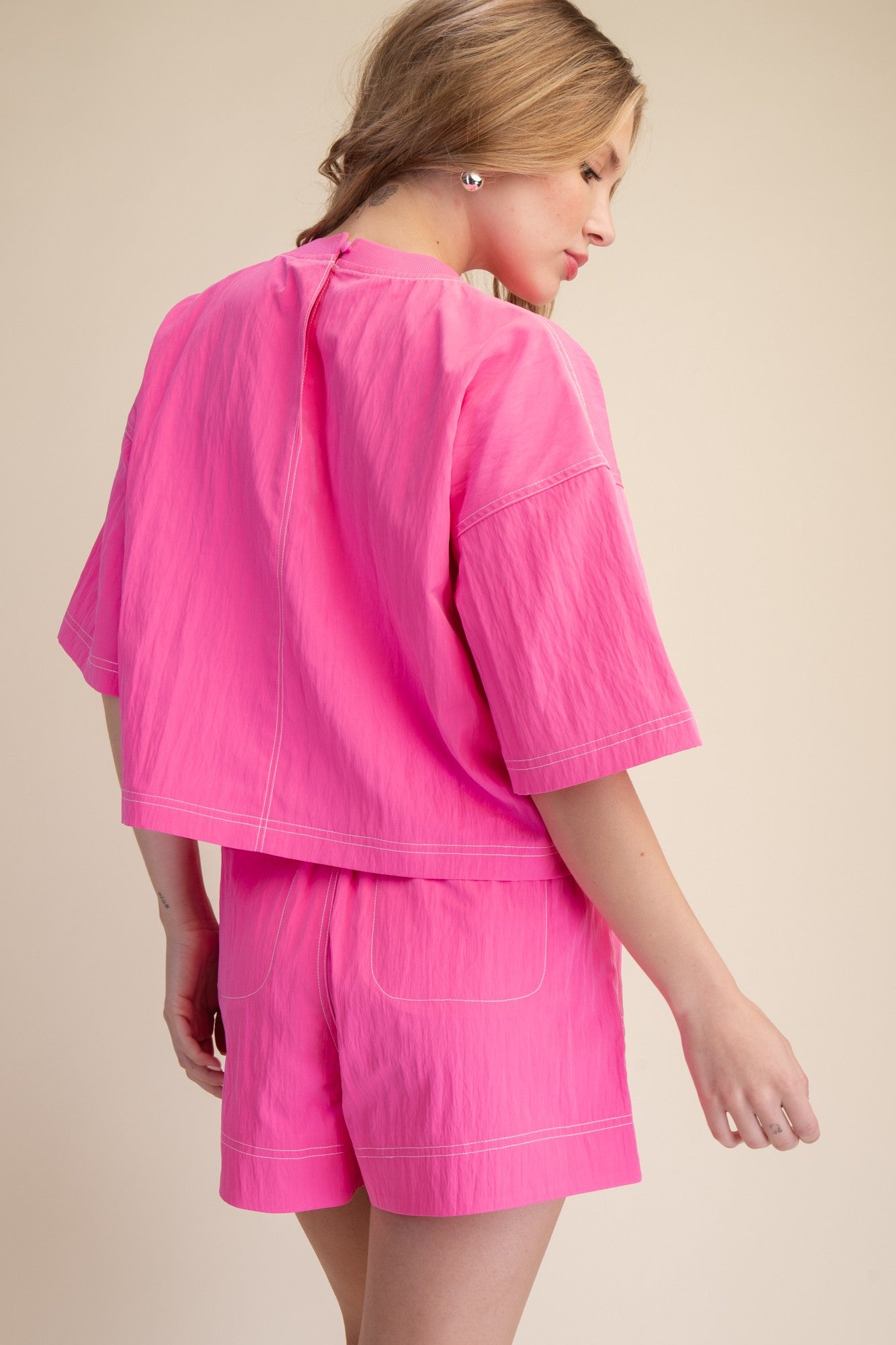 Elevated Basic Stitch Detail Crop Top - Hot Pink
