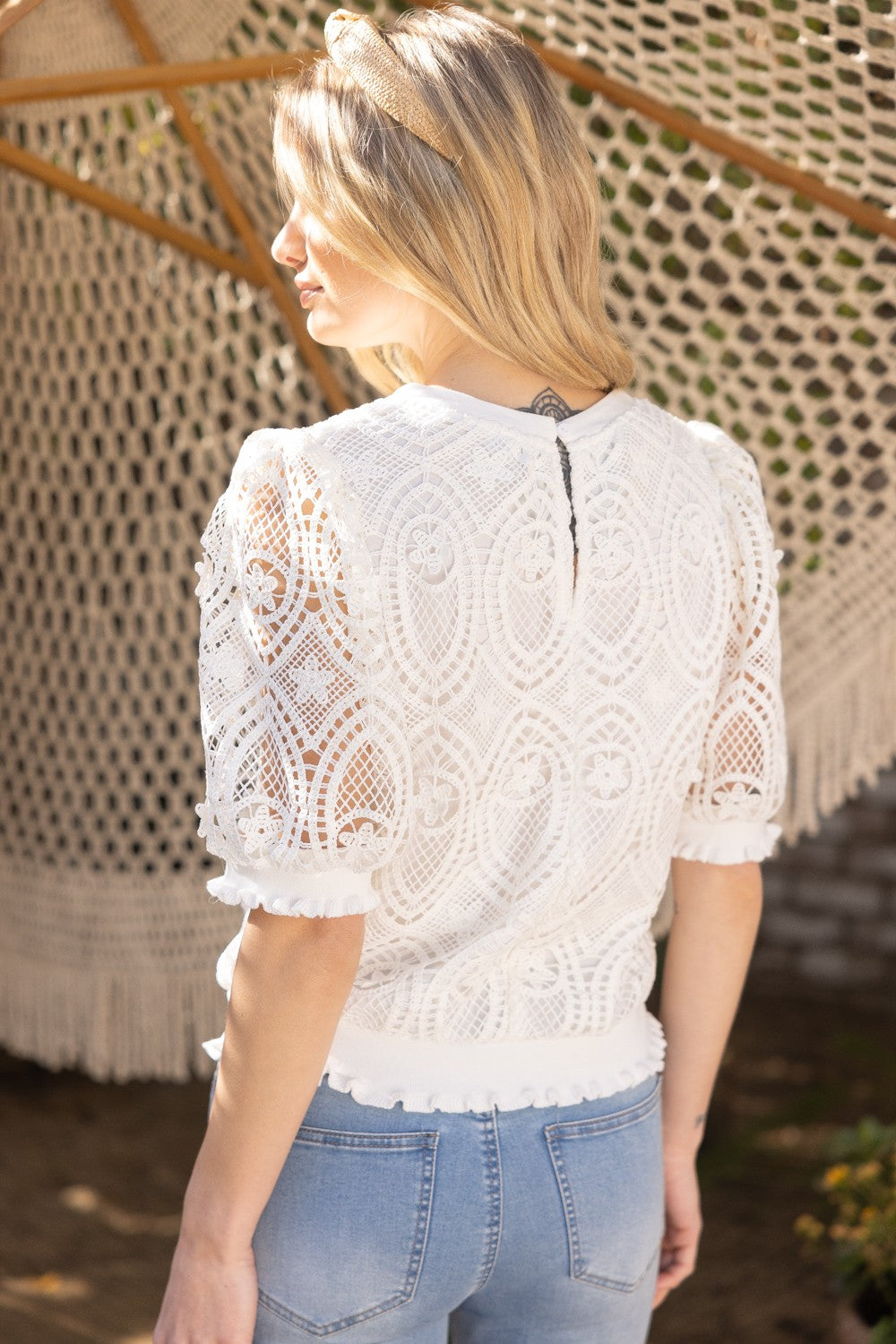 White Lace Ruffle Blouse