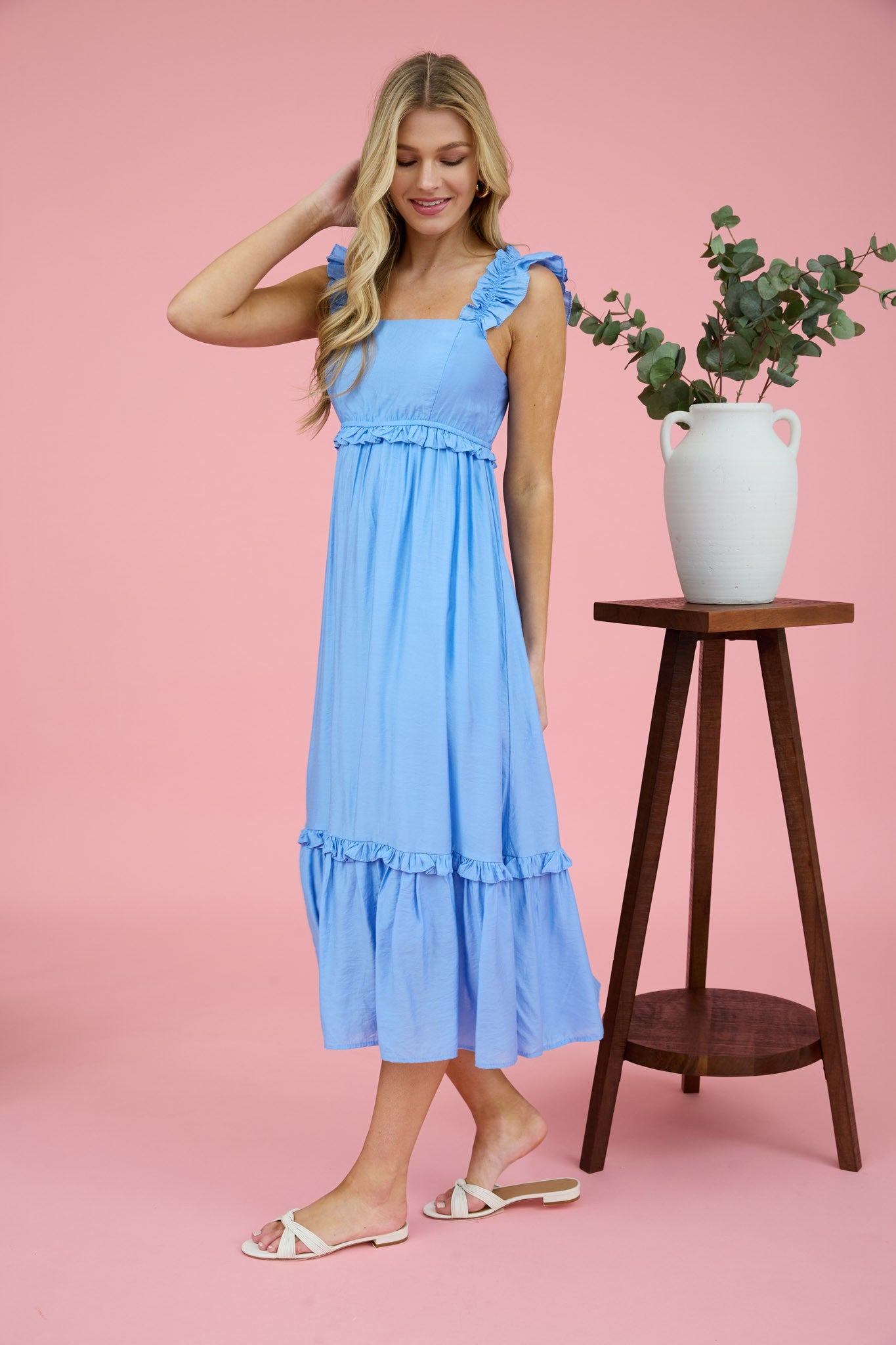 Baby Blue Ruffle Tier Midi Dress