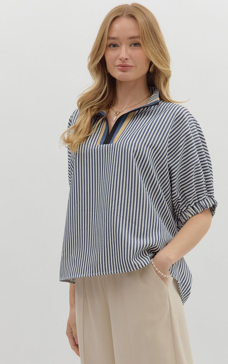 The Penelope Navy Stripe Popover Top