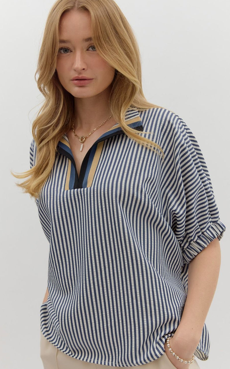 The Penelope Navy Stripe Popover Top
