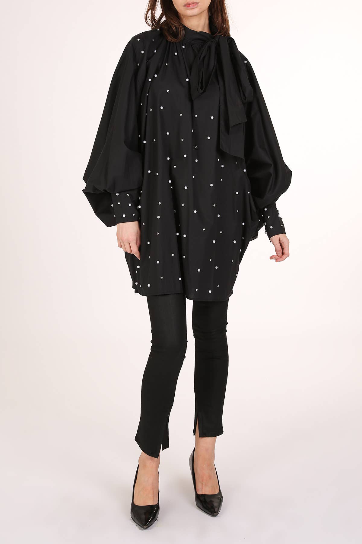 Pearl Embellished Neck Bowtie Balloon Oversize Dress