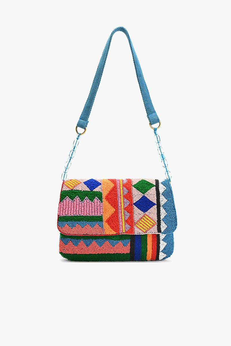"Colorful beaded shoulder bag with bold geometric patterns and a blue fabric strap, featuring bright pink, orange, green, and blue embroidery on the front flap."