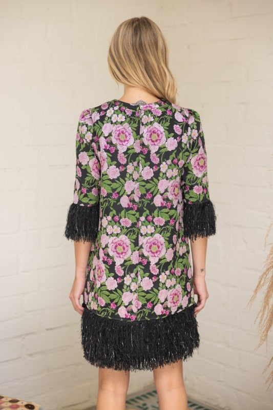 black-floral-jacquard-dress-with-feather-trim-full-back-view-milo-and-lily-boutique.