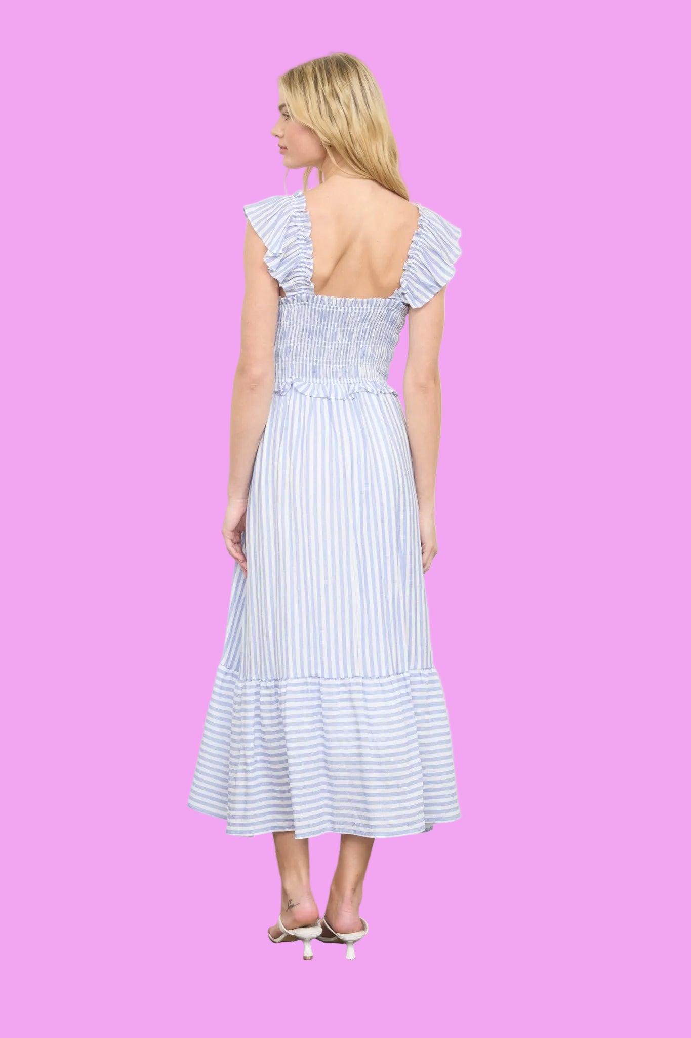 back view of blue striped smocked midi dress with ruffle straps and tiered skirt