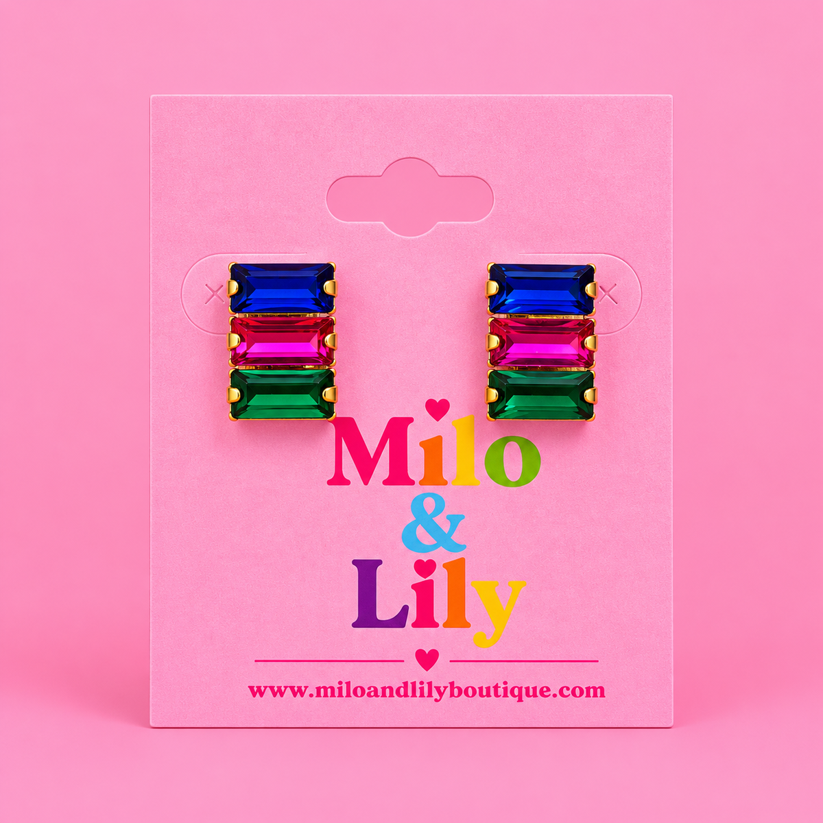 Color Pop Baguette Stud Earrings in blue pink and green on pink Milo & Lily card