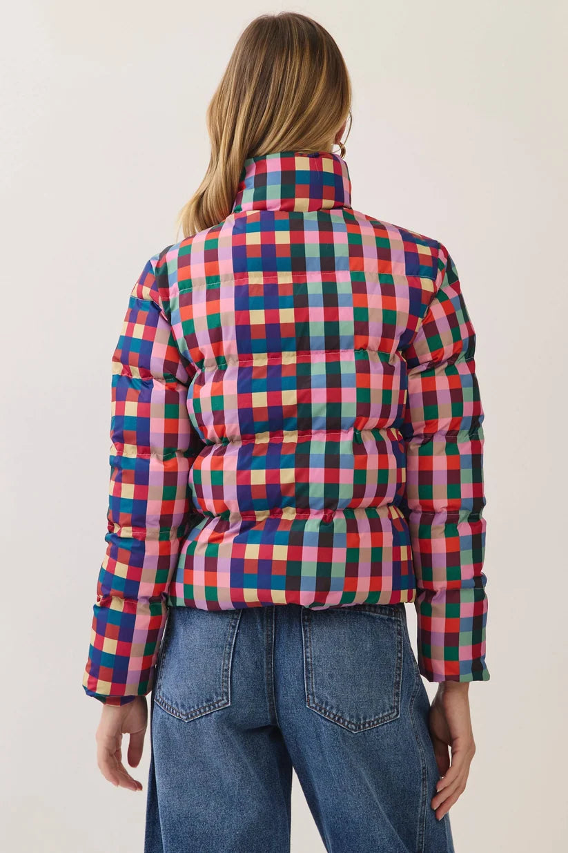 Color Crush colorful plaid puffer coat back