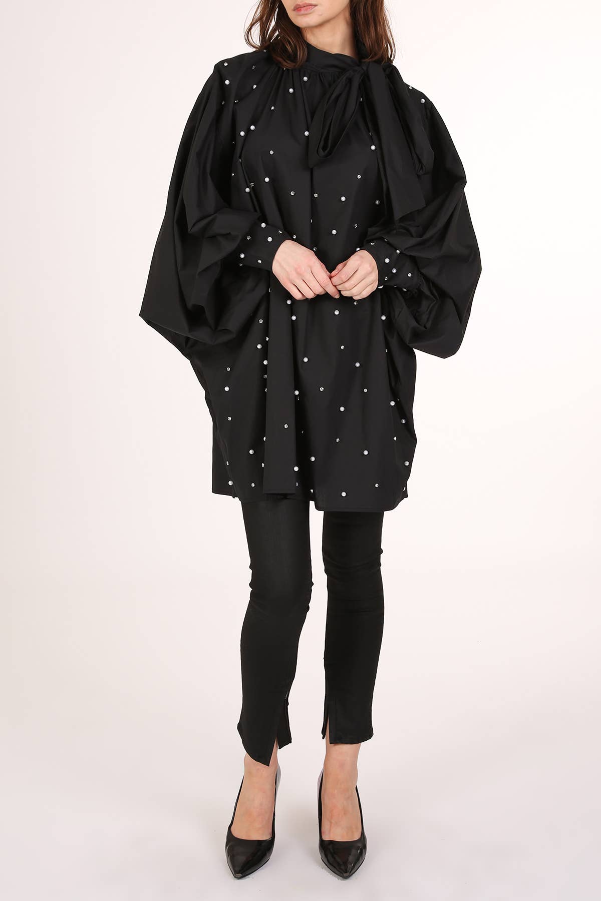 Pearl Embellished Neck Bowtie Balloon Oversize Dress