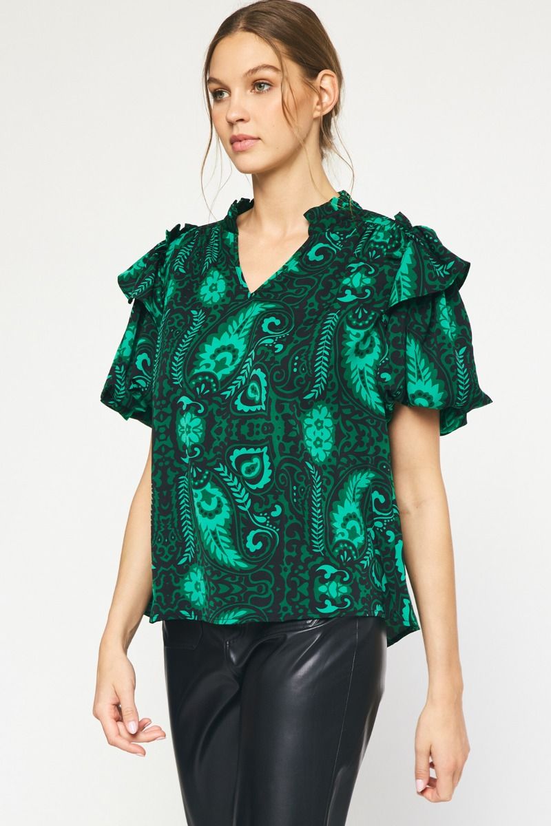 Emerald Paisley Puff Sleeve Blouse