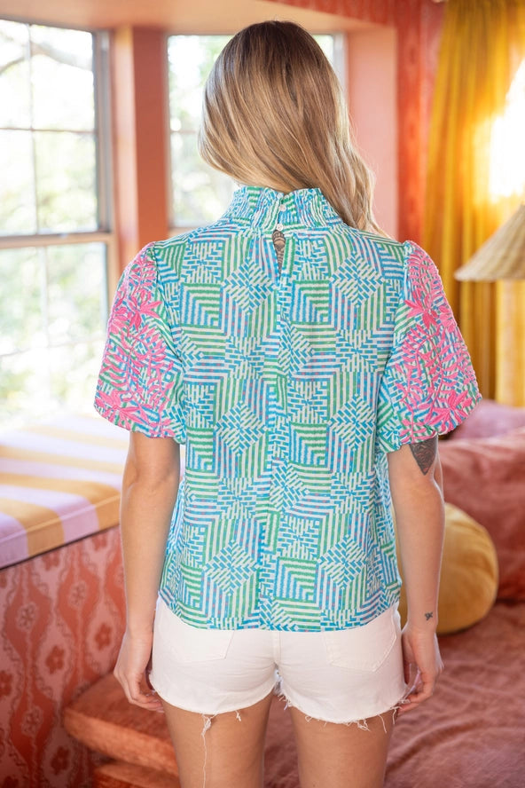 The Green & Blue Geometric Puff Sleeve High Neck Top - Milo & Lily Boutique