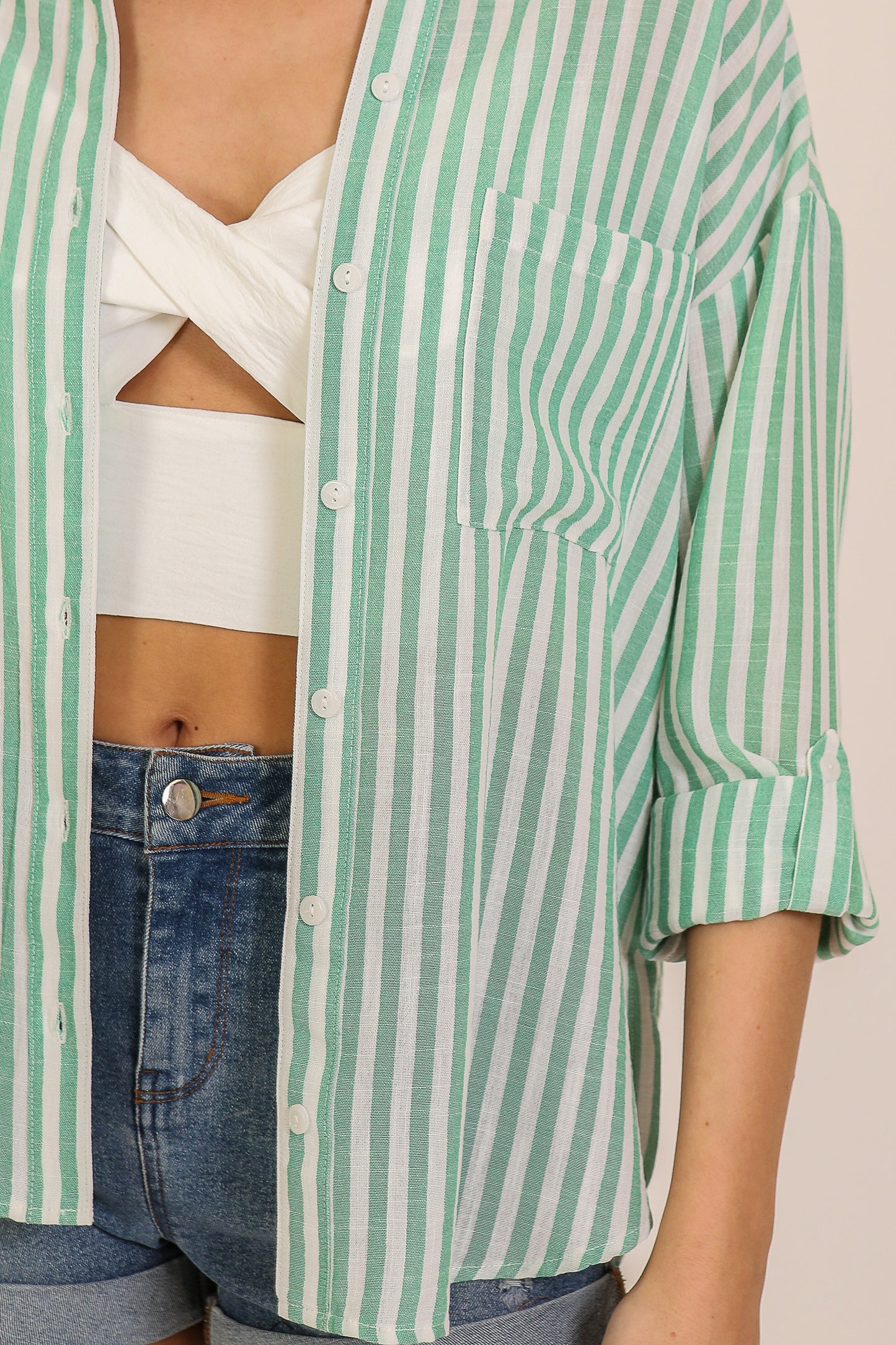 Timeless Classic Stripe Button Down Top - GREEN