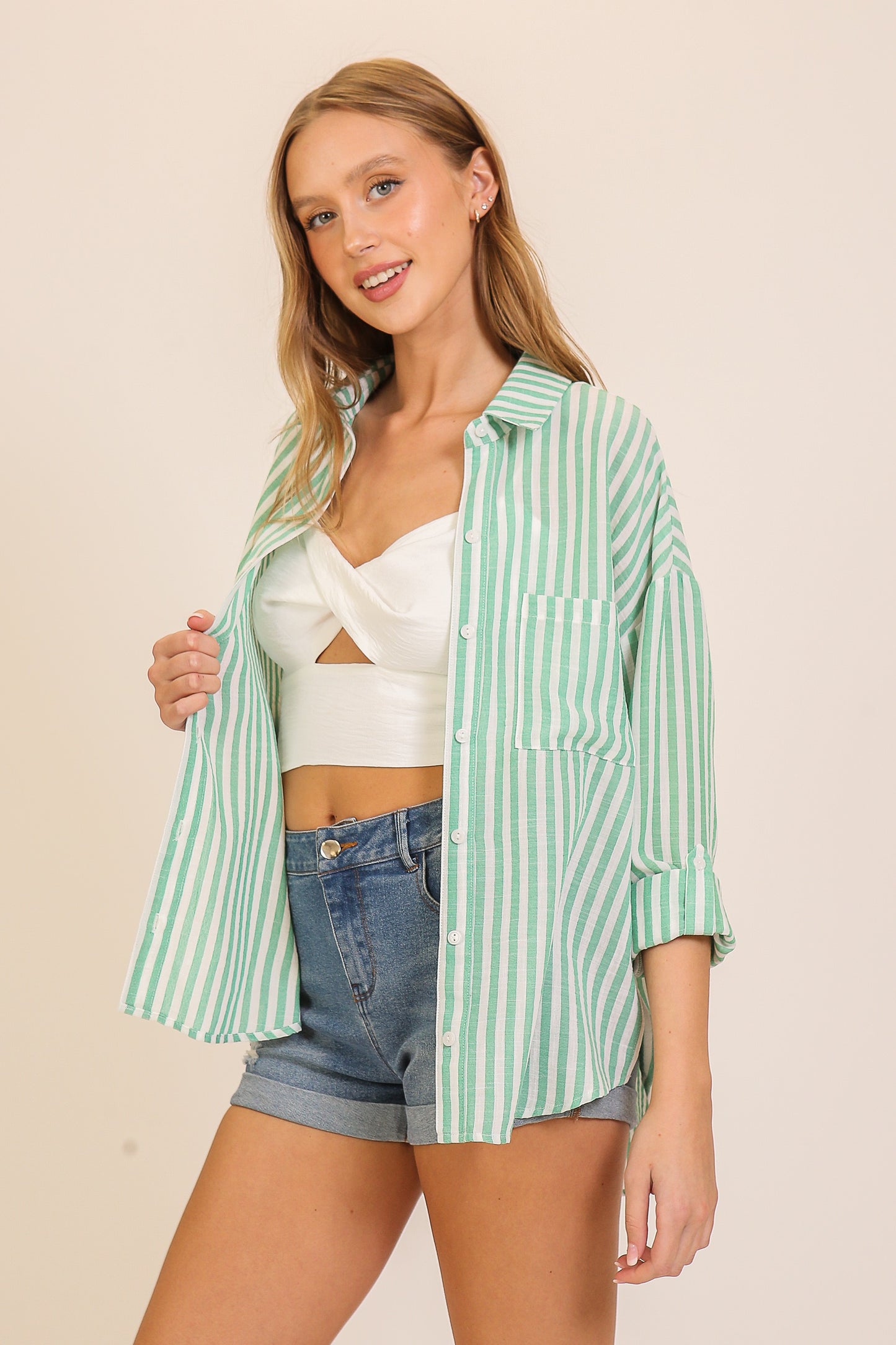 Timeless Classic Stripe Button Down Top - GREEN