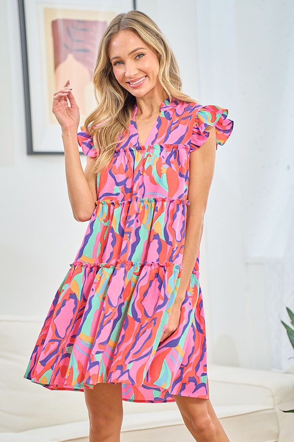 Multicolor Abstract Tiered Mini Dress