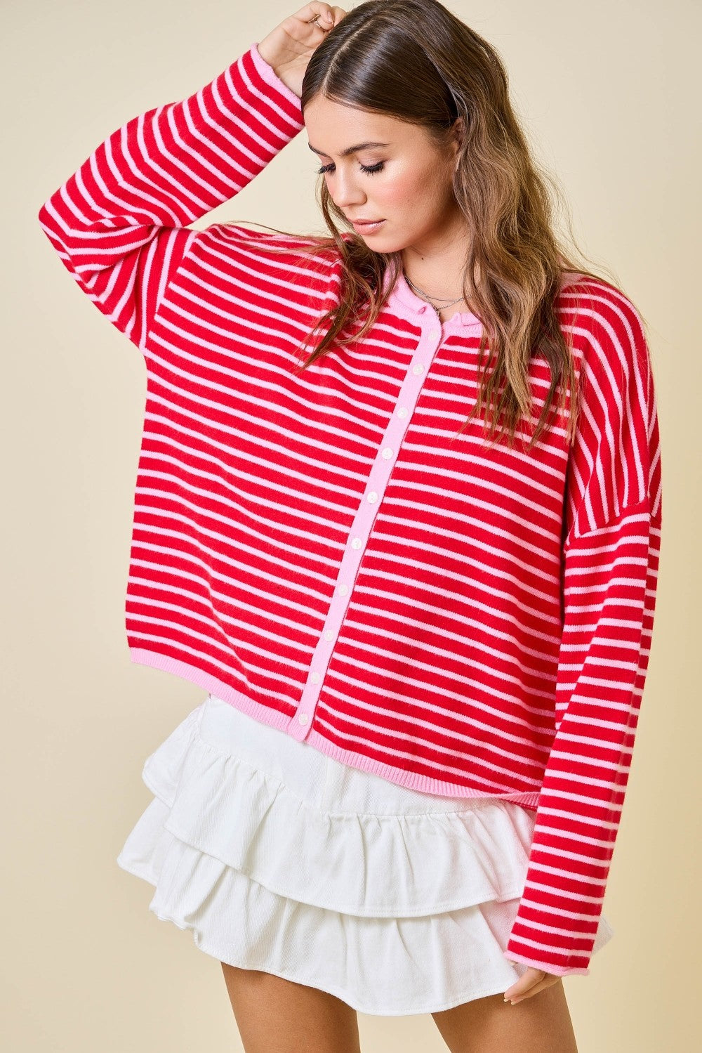 The Raspberry Cream Stripe Cardigan - Milo & Lily Boutique