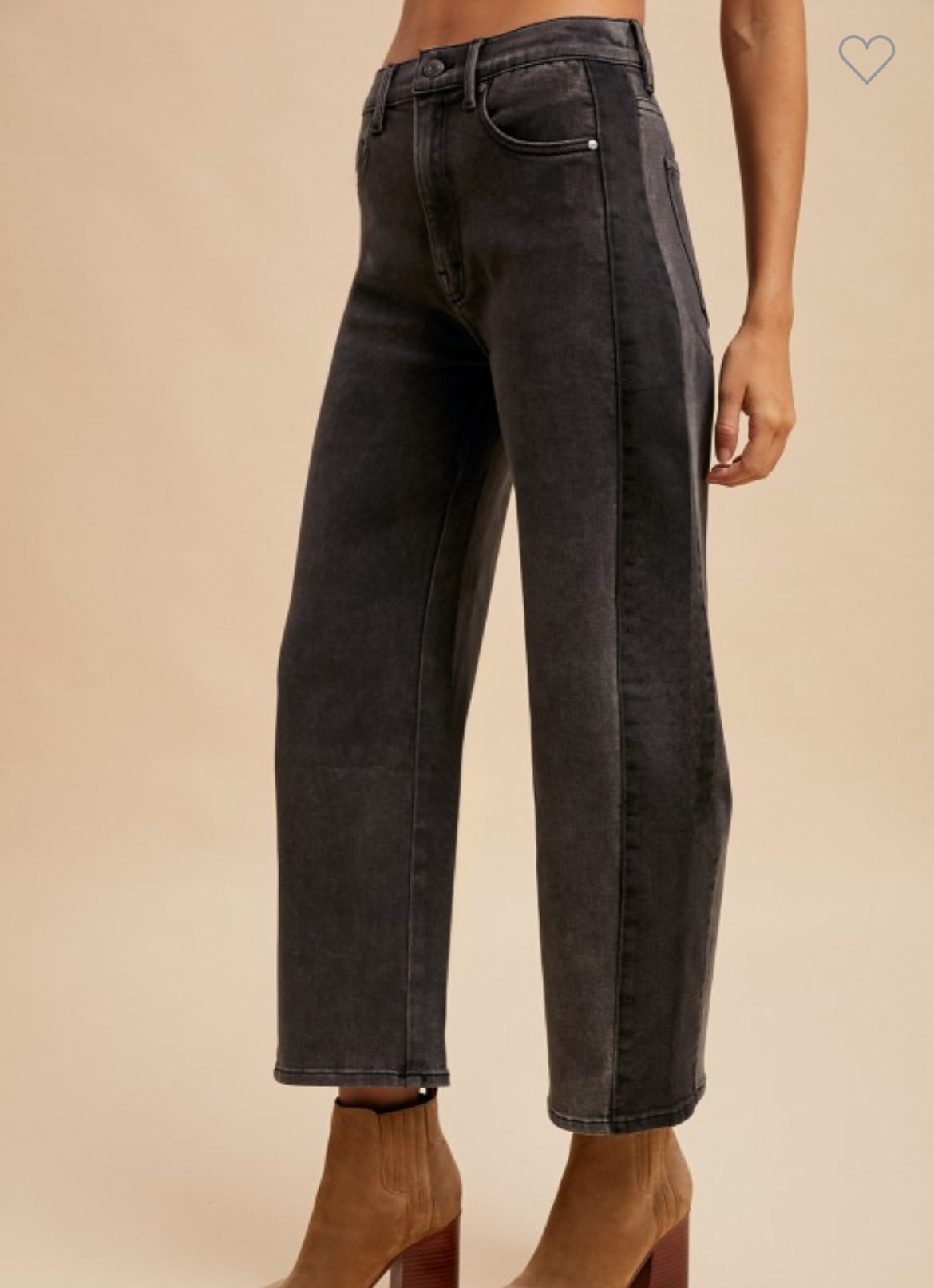 Model styling washed black straight leg jeans with a leopard print top, black hat, and tan booties — chic everyday outfit from Milo & Lily Boutique.