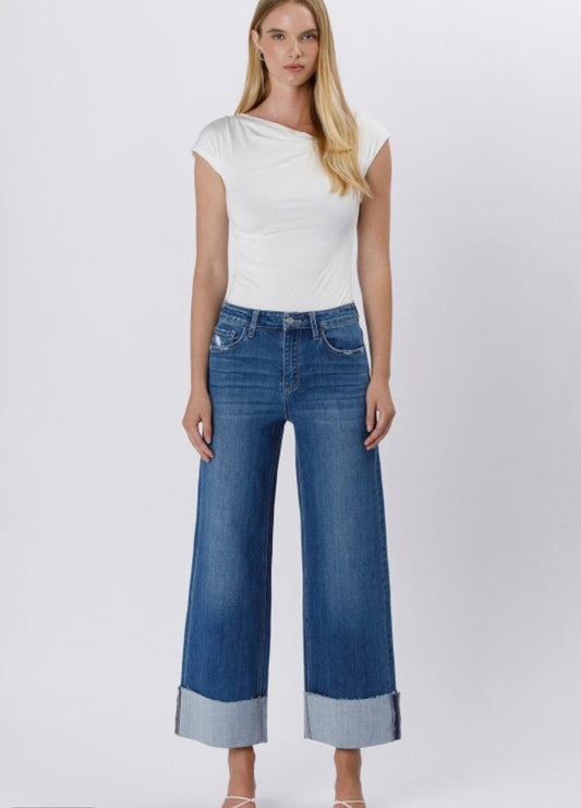 High Rise Cuffed Ankle Wide Leg Jeans