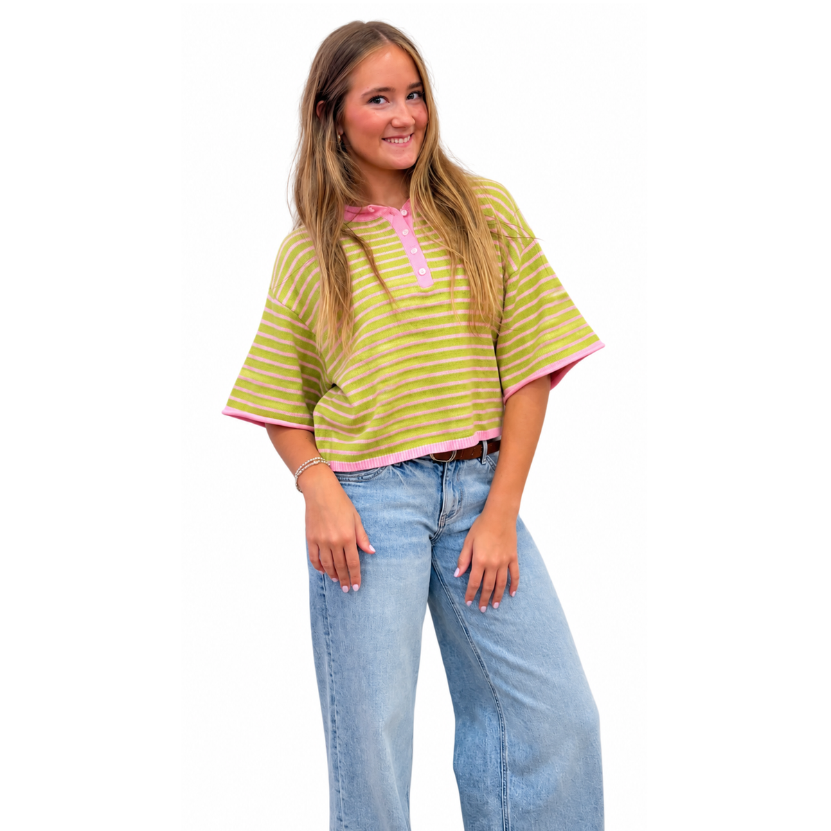 Strawberry Matcha Stripe Henley Sweater - Milo & Lily Boutique