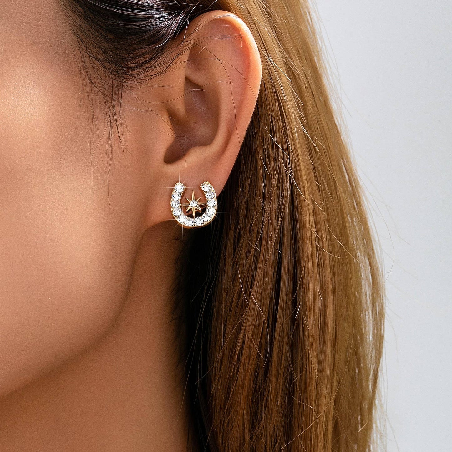 Pave Crystal Horseshoe Star Stud Earrings
