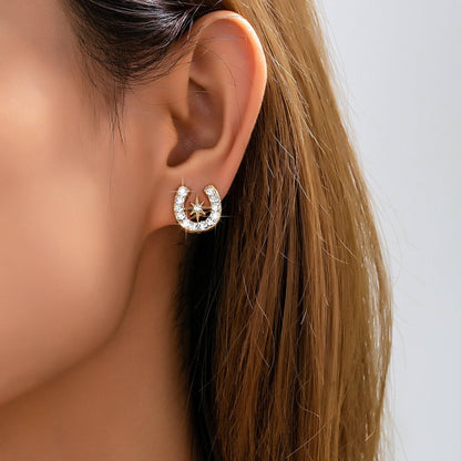 Pave Crystal Horseshoe Star Stud Earrings