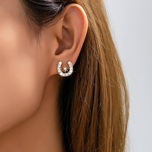 Pave Crystal Horseshoe Star Stud Earrings
